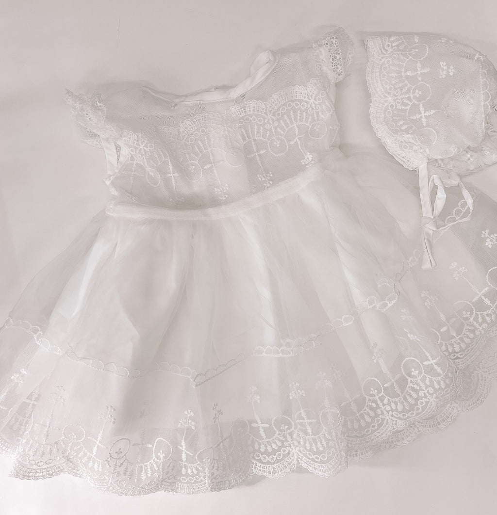 Lace Rufflesleeve Dress + Bonnet